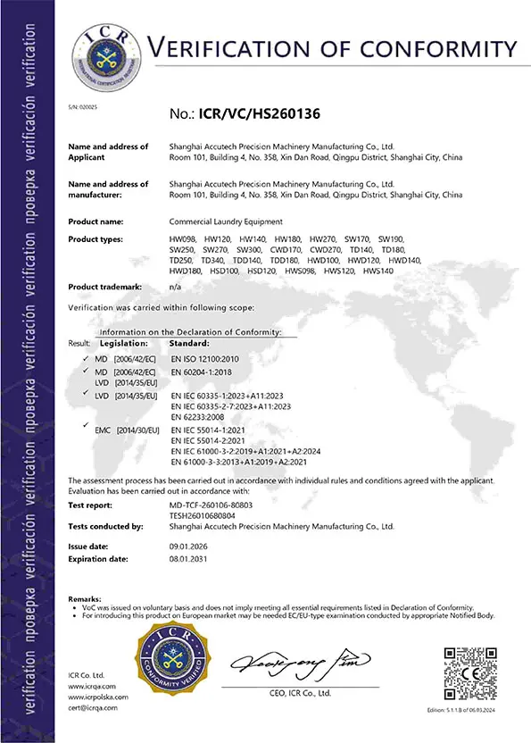 CE certification for Accutech industrial washing and drying machinery, complying with EU safety standards.